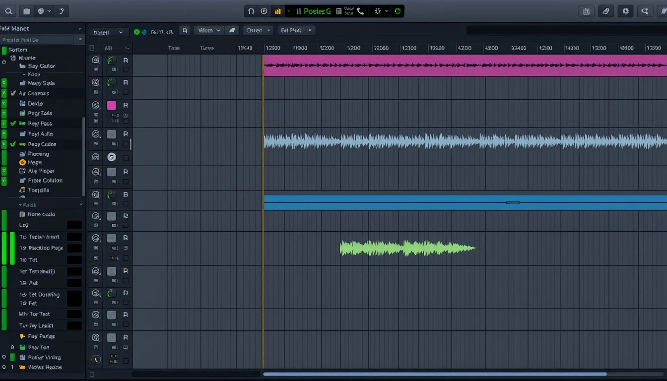 Pantalla de computadora mostrando interfaz de un DAW moderno con múltiples pistas y plugins